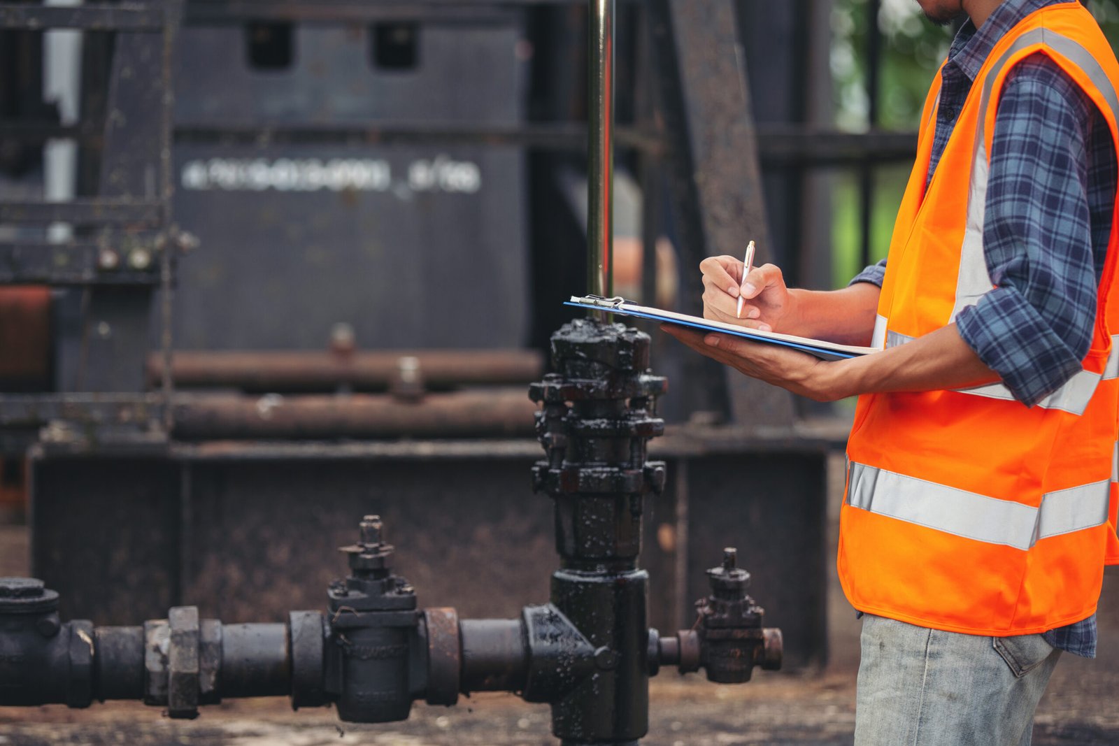 les travailleurs debout et verifiant a cote des pompes a huile de travail scaled